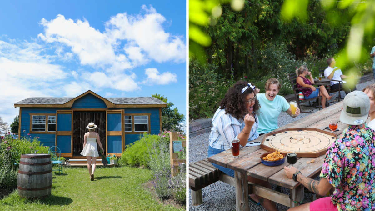 split image. left shows a woman walking in a garden. right shows group of 4 people sitting at a table playing a game.