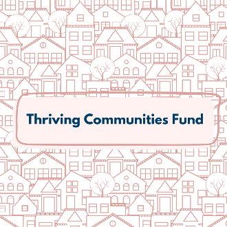 Thriving Communities Fund with decorative boarder and background illustration of homes and trees.