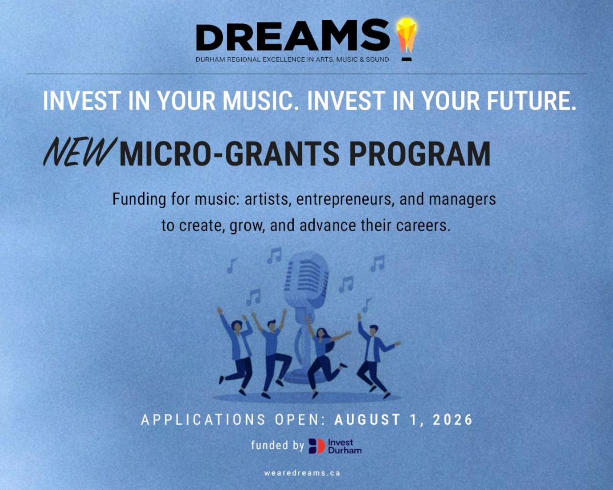 Blue background with graphic picture of people performing in front of a microphone. text detailing grant program.