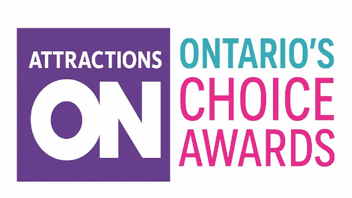Text only image. Left has a purple box with Attractions ON in white. Right has text Ontario's Choice Awards