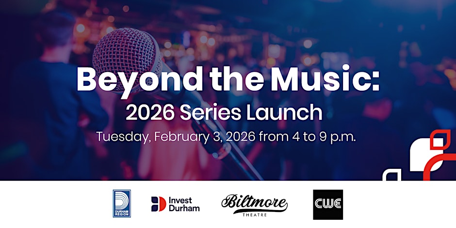 background image shows close up of a microphone at a concert. text Beyond the Music 2026 series launch Tuesday February 3 2026 from 4 to 9 p.m. partner logos on bottom 