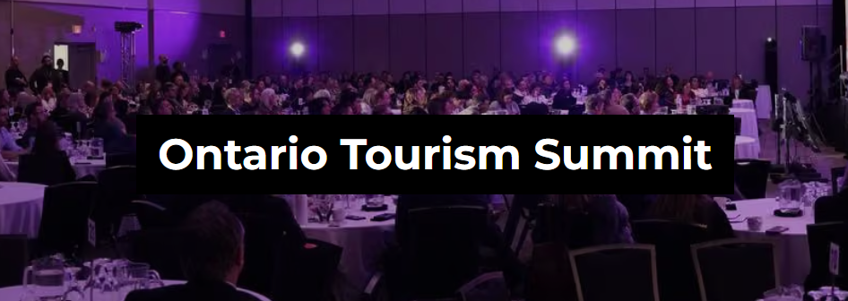 background image of a crowd of people seated at event tables with text in the foreground: Ontario Tourism Summit
