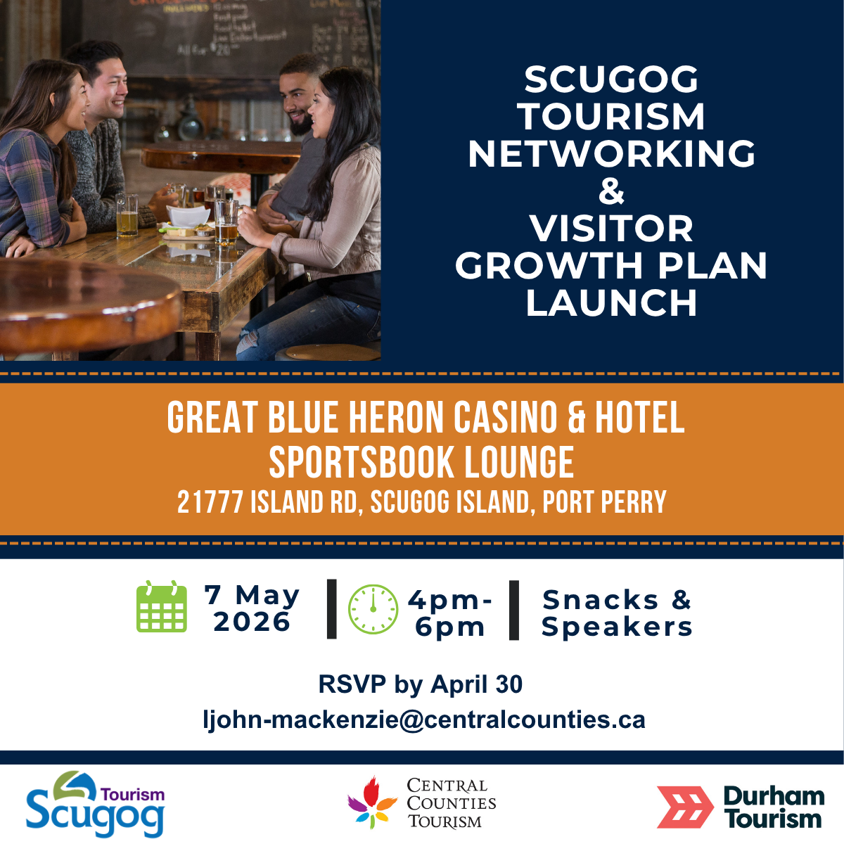 image of two men and two women sitting at a restaurant table. text detailing event. logos of Tourism Scugog, Central Counties Tourism and Durham Tourism at bottom