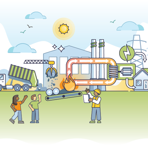 An illustration of people visiting the Durham York Energy Centre with a staff tour guide explaining how waste collection becomes valuable resources. 