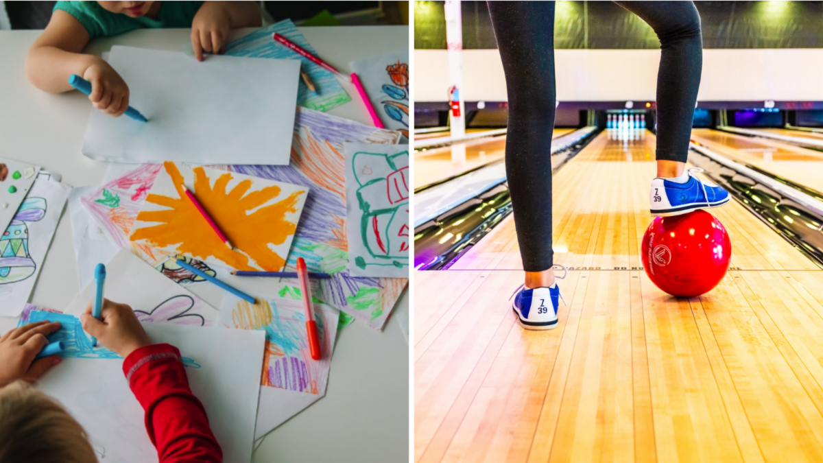 split image of children drawing on left and person at bowling alley on right