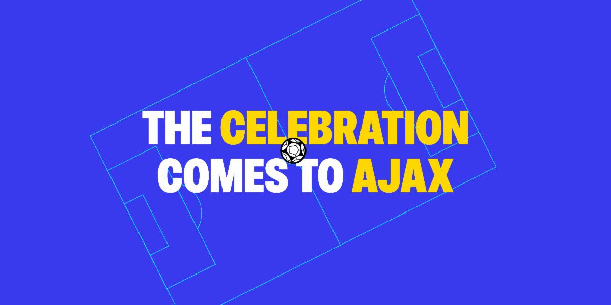 blue background features a white outline of a soccer pitch. text in centre reads the celebration comes to Ajax.
