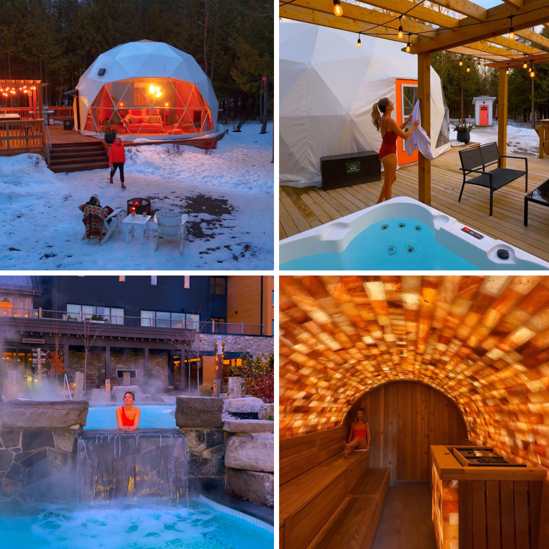 four grid image of a camping geome, hot top, outdoor pool and indoor spa