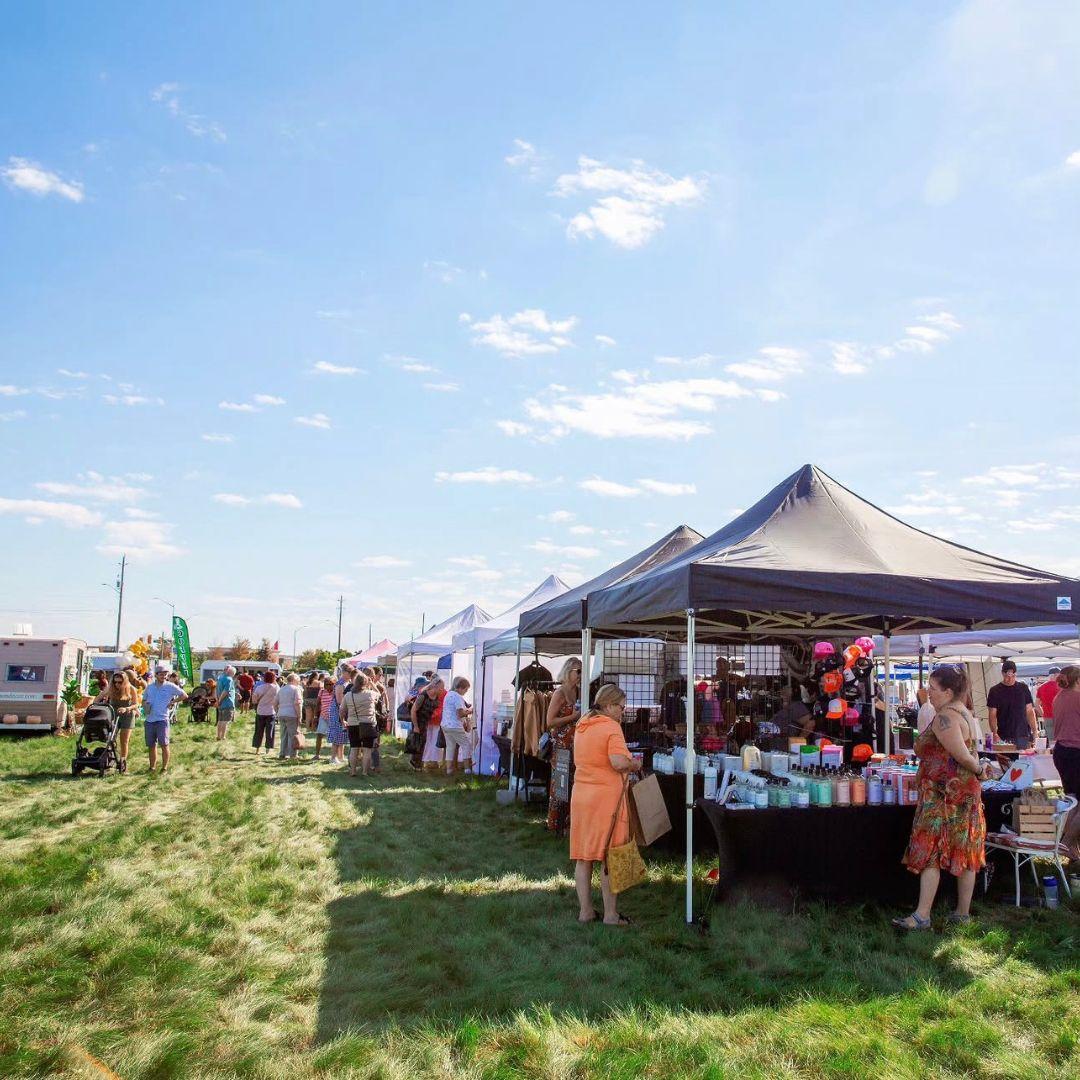 outdoor market in a field with vendors and shoppers