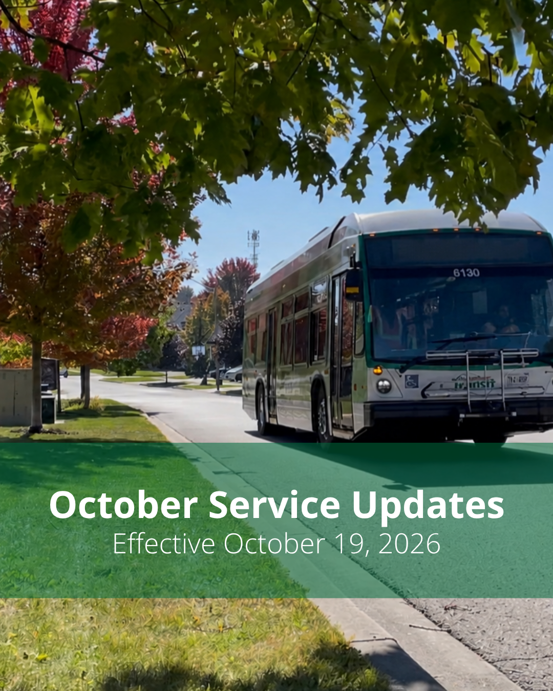 October service updates with a bus parked along a curb in the background
