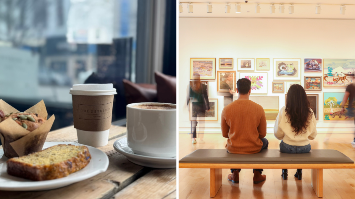 split image shows a cup of coffee and a mug of hot chocolate on a table beside a plate that has a muffin and slice of cake loaf. Image on the right is two people sitting on a bench in an art gallery