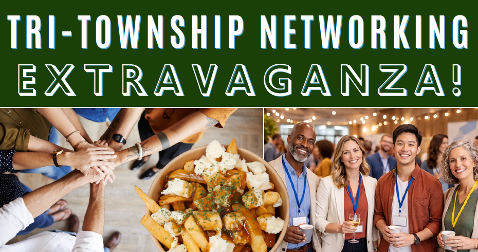 split image. left shows group of hands clasped together. right shows two men and two women smiling at the camera. centre of image shows cup of poutine.