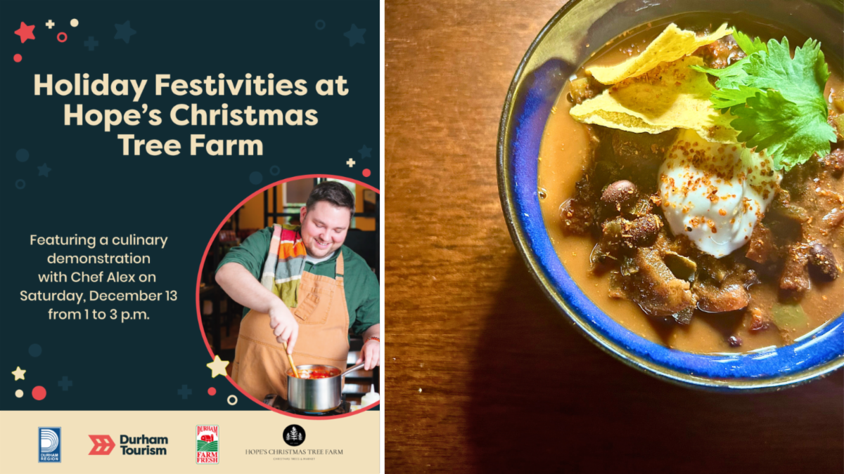 Promotional poster for event featuring Chef Alex on left and on the right an image of the chili