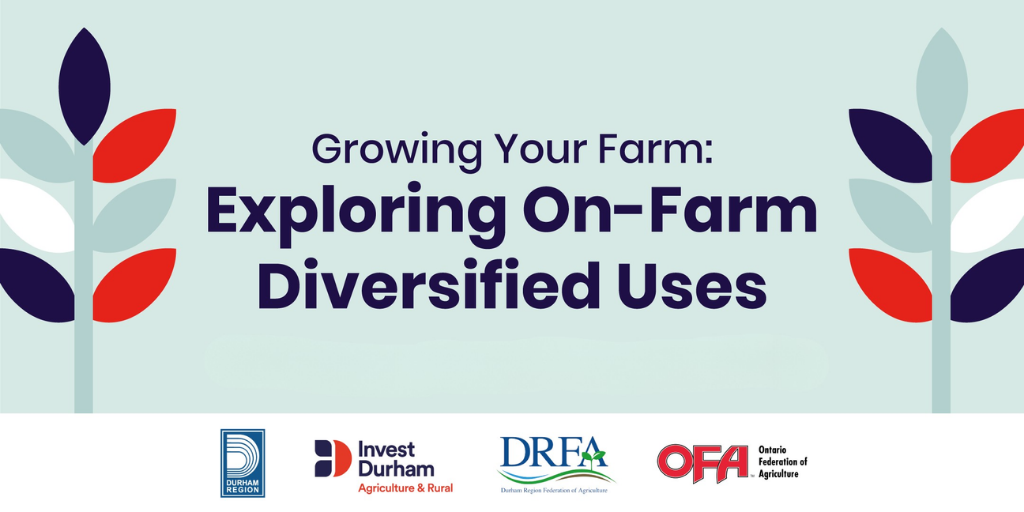 light green background with graphic wheat strands flanking blue text: Growing Your Farm: Exploring On-Farm Diversified Uses. partner logos on bottom.