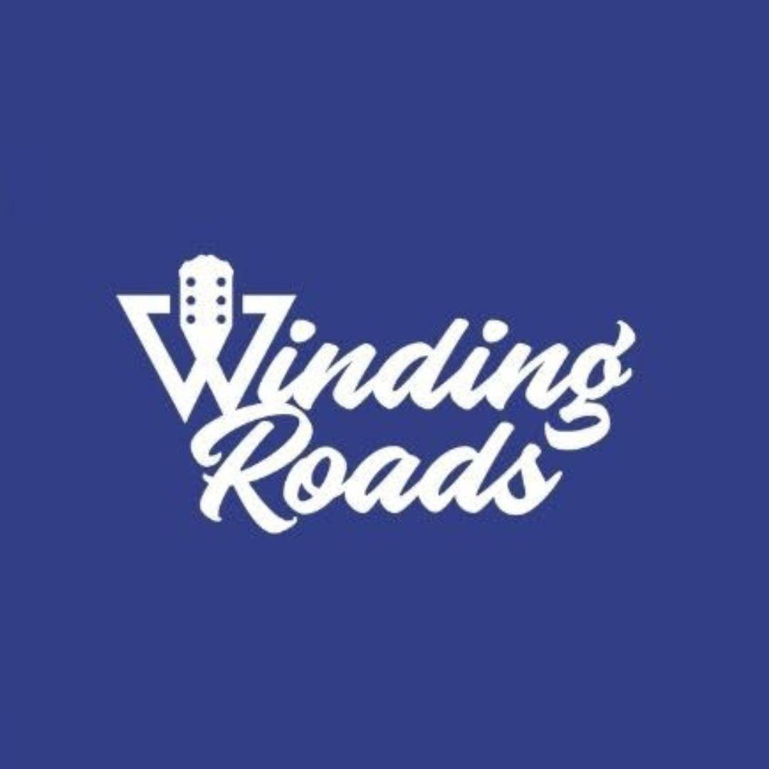 blue background with Winding Roads in white text. part of the w has a guitar handle