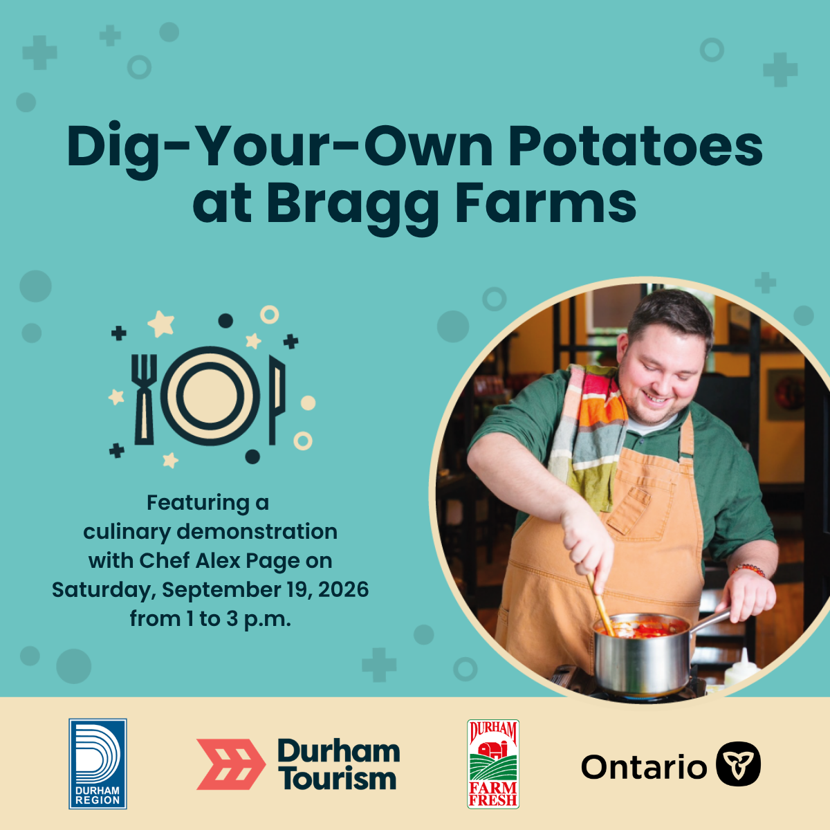 green background with text of event info and to the right is a picture of a chef