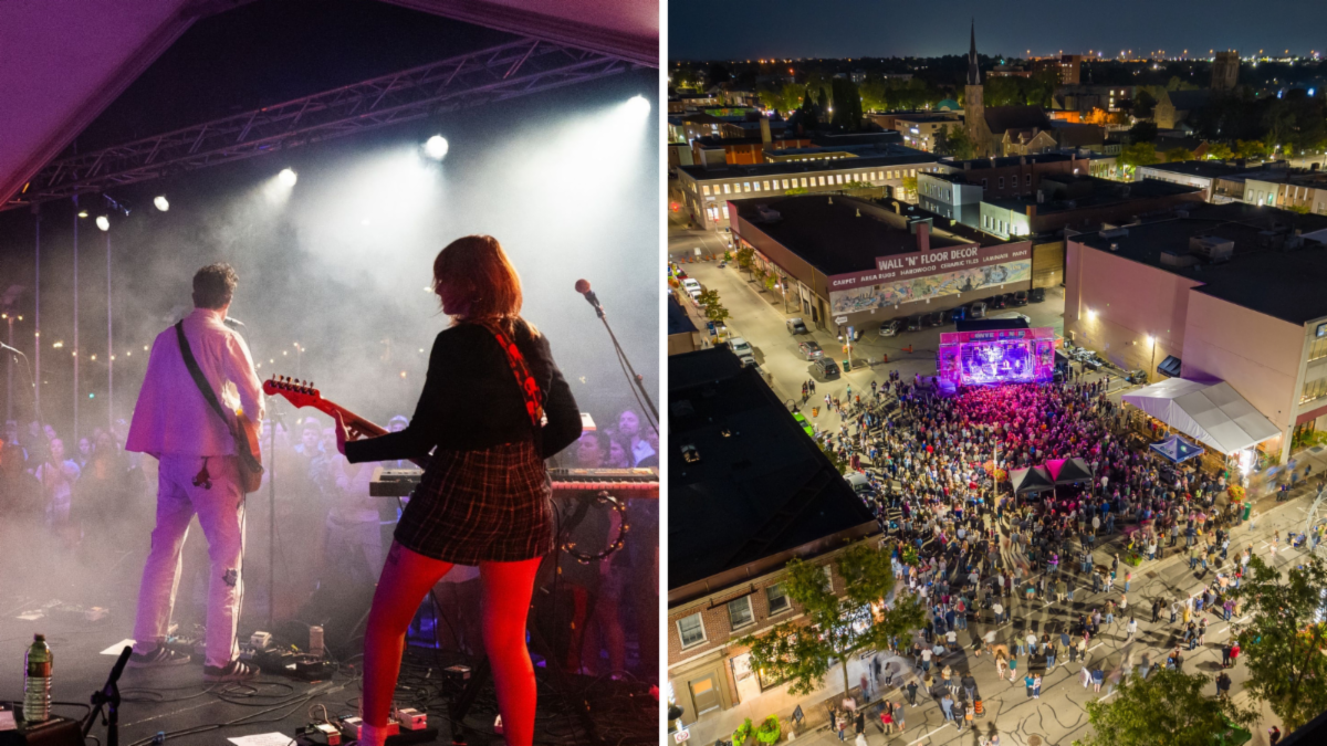 split image. left side shows two men performing on stage. right side shows an aerial view of an outdoor street concert.