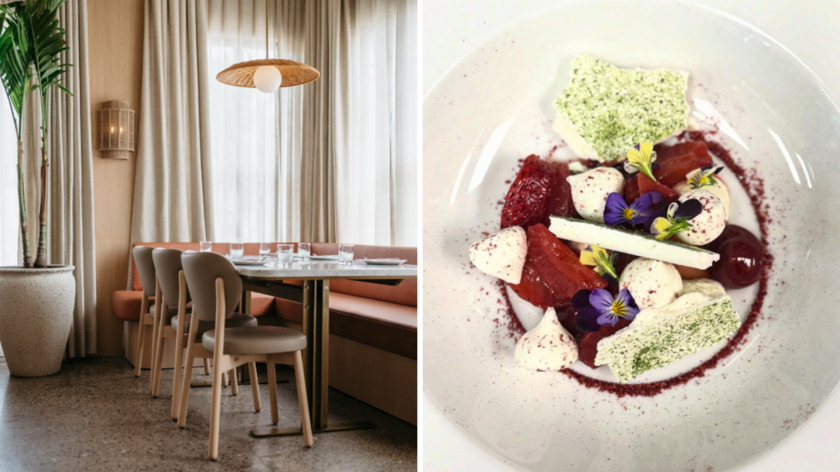 split image shows restaurant interior on left and a closeup of a salad on the right