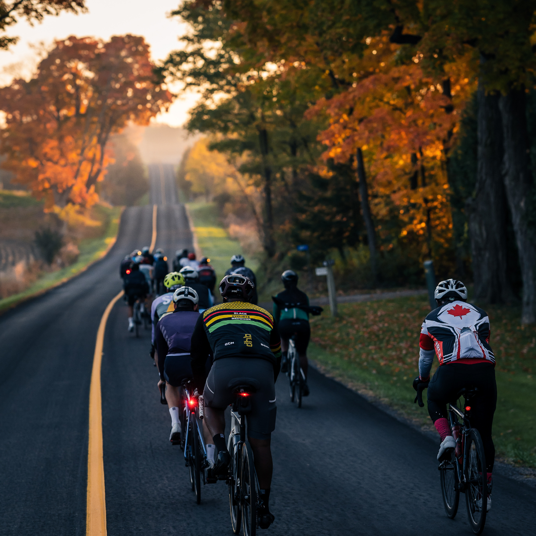 cyclists on a rural road in fall