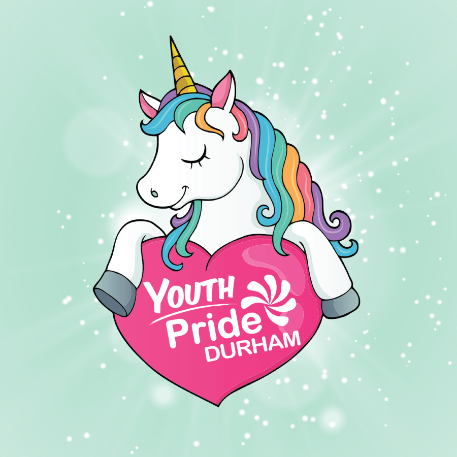 The Youth Pride Durham unicorn logo is featured on a mint green background with a white glitter motif.
