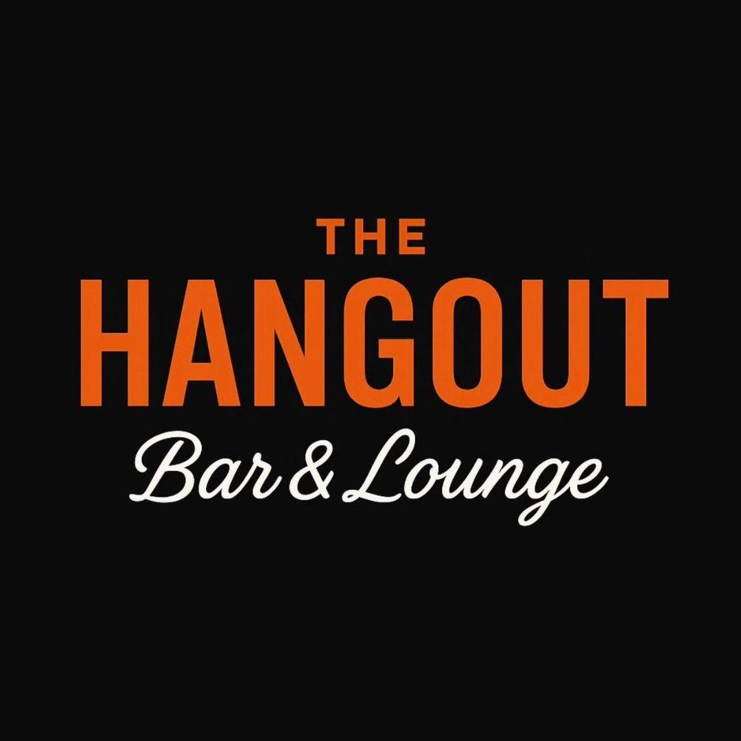 red text: The Hangout. white text below: bar and lounge