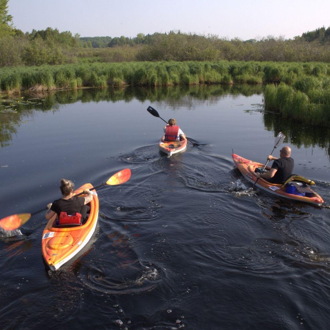 three canoes paddling down a river