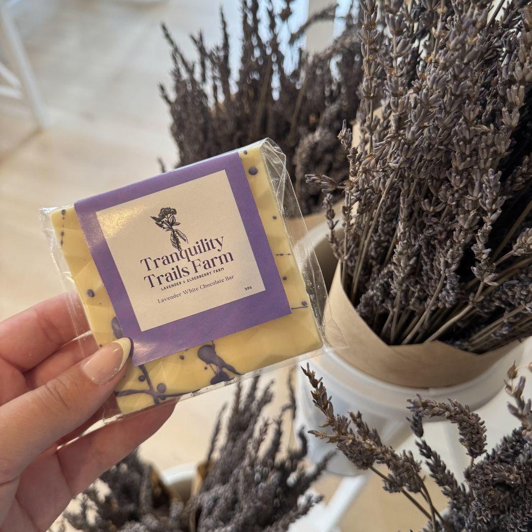 hand holding a bar of lavender soap by a lavender plant