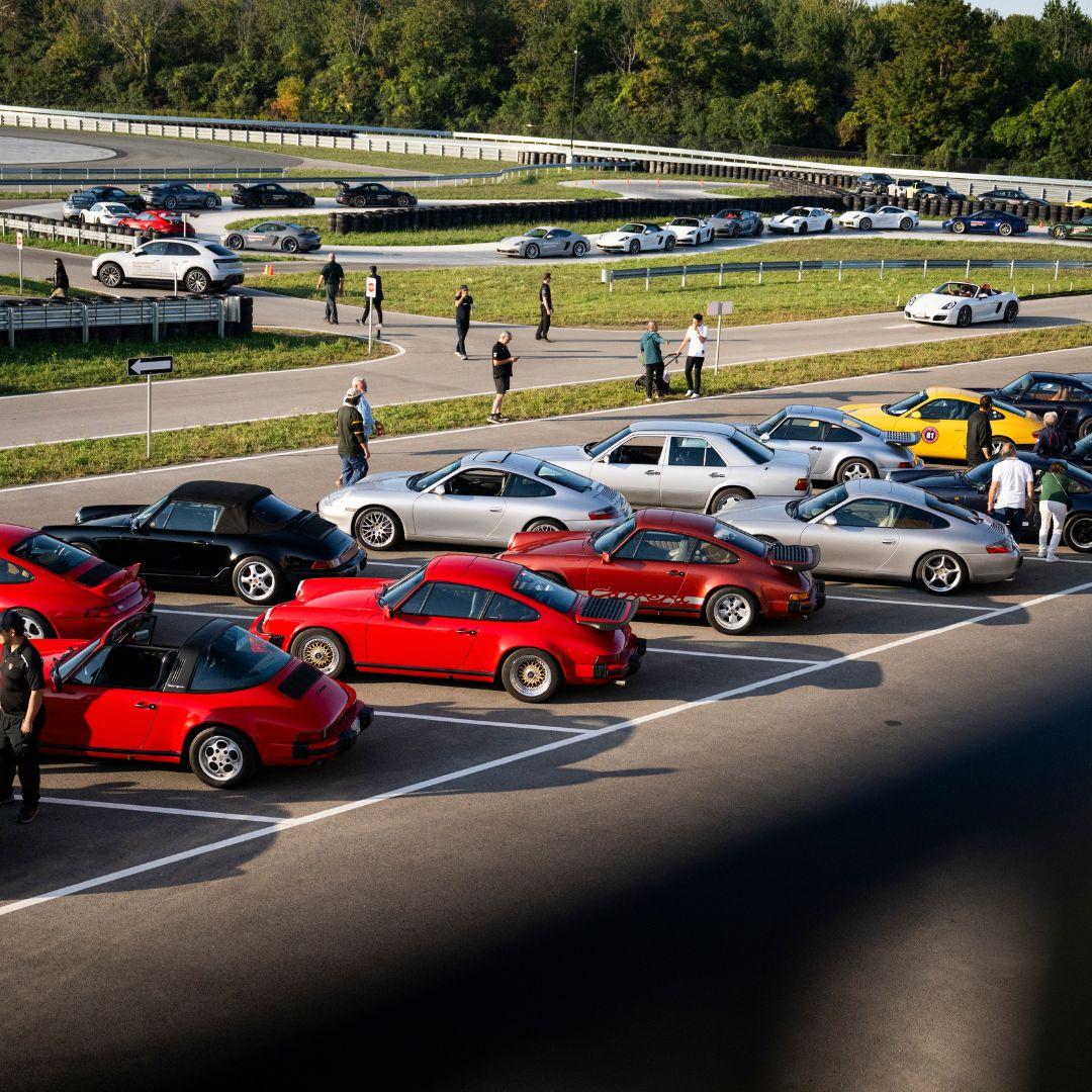 two rows of Porsches in parking lot