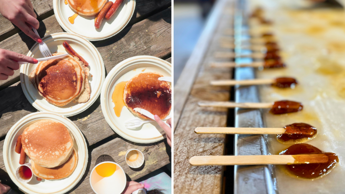 split image on left shows people cutting into plates of pancakes. picture on right shows maple syrup on a stick