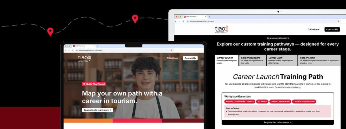 background shows a route with markers. two monitors in the foreground that show the webpages from TIOA's skills that travel program.