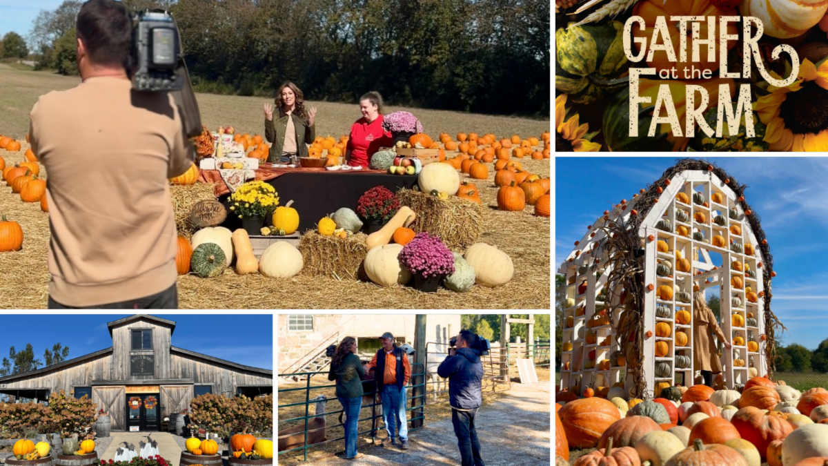 five grid image that shows farm scenes and TV crews filming at farms. and text: Gather at the Farm