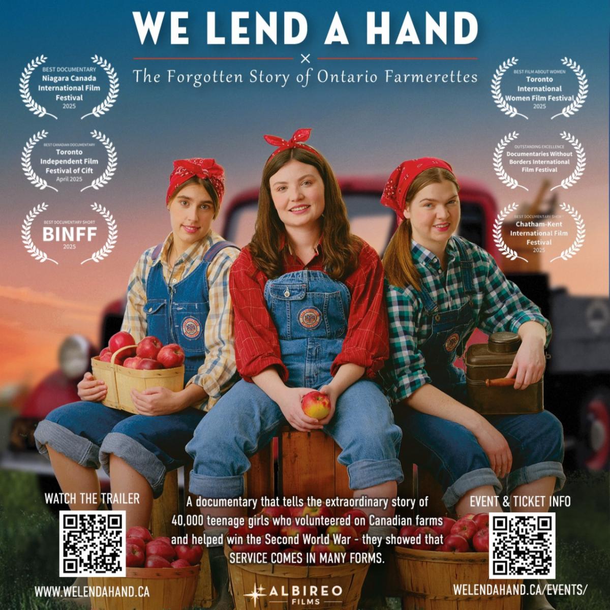 Movie poster for We Lend A Hand. Three young women sitting on back of truck with apple baskets at their feet. 