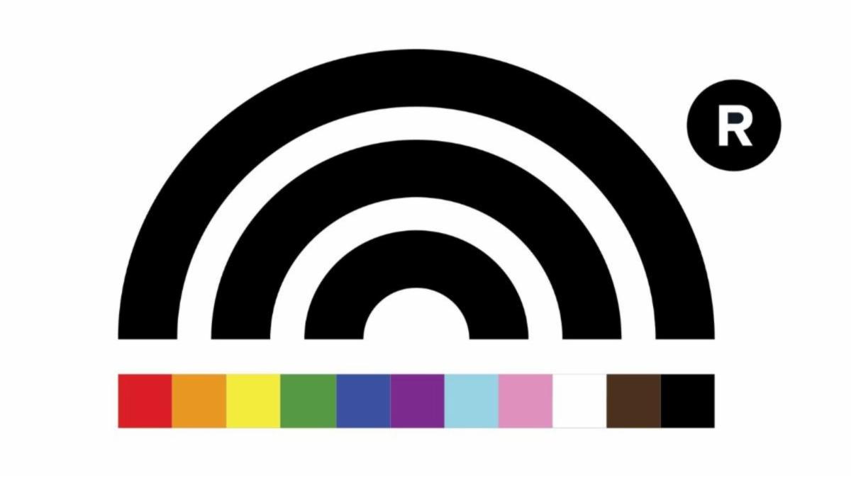 Rainbow Registered logo with a black rainbow and below are various colour blocks