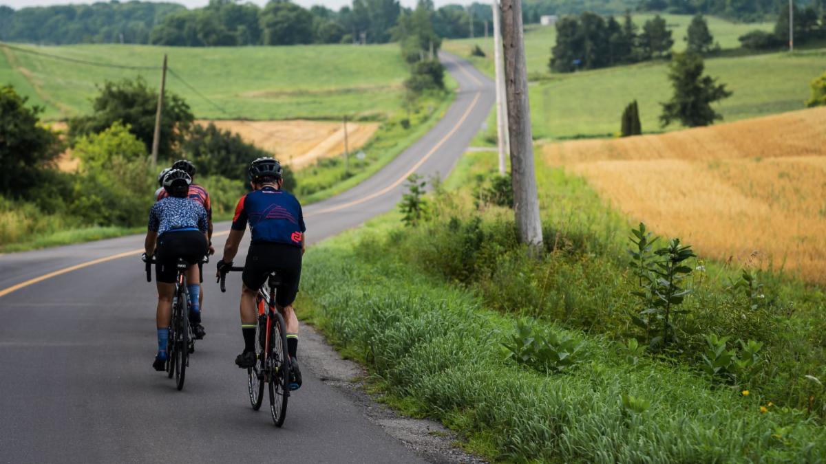 two cyclists biking down a country road