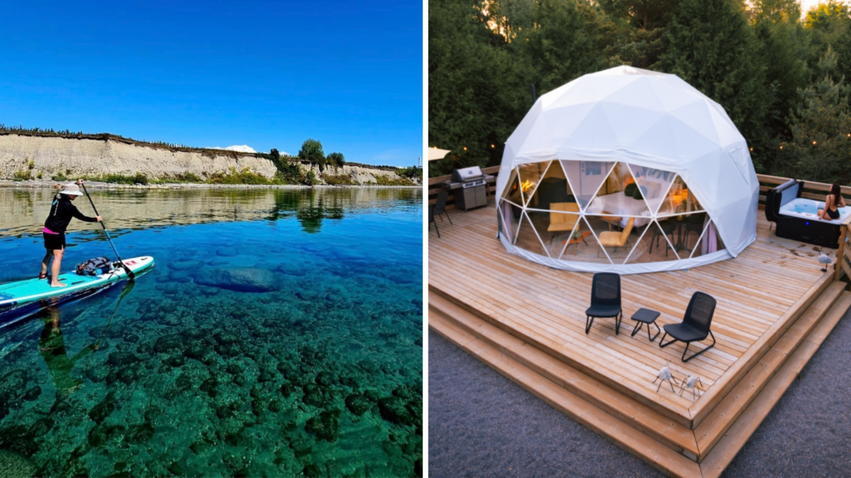 split image. left shows woman stand up paddling in lake. right shows a geodisic camping dome