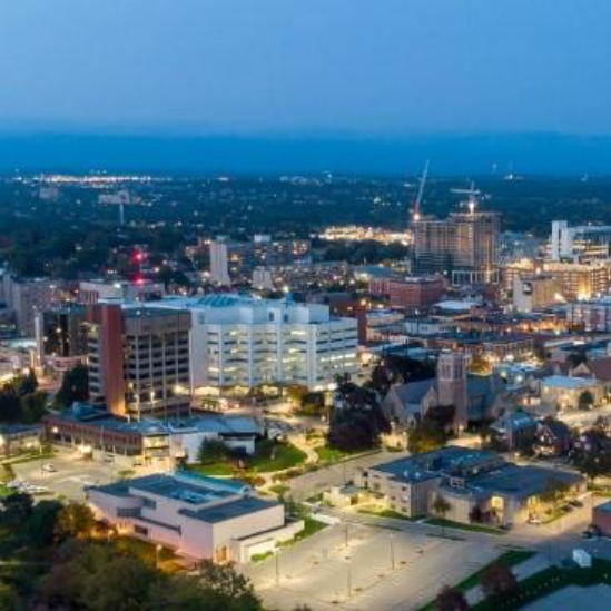 aerial view of a cityscape in the evening