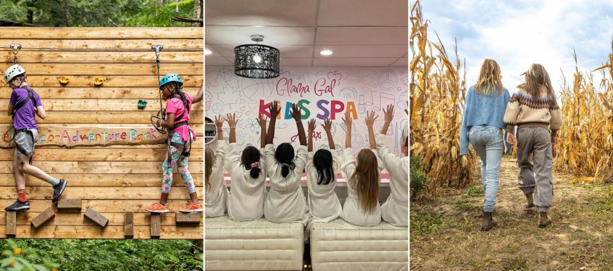 grid of three images left to right: two children on a low climbing wall, group of girls at a spa birthday party, two girls walking through a corn field.