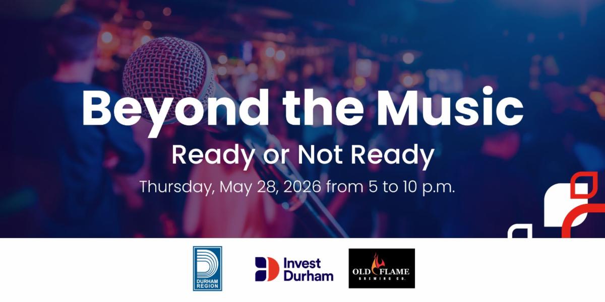 close up of a microphone in a crowded venue overlayed with text of event details. logos of Durham Region, Invest Durham and Old Flame Brewing Co. on the bottom.