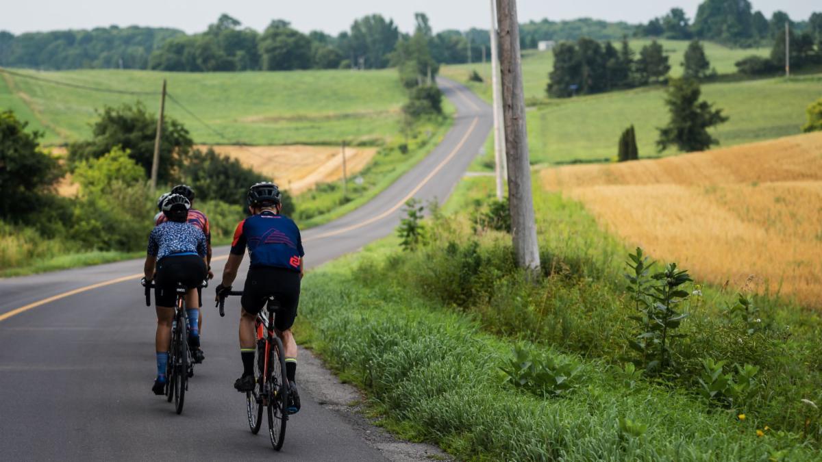 two cyclists riding on a country road