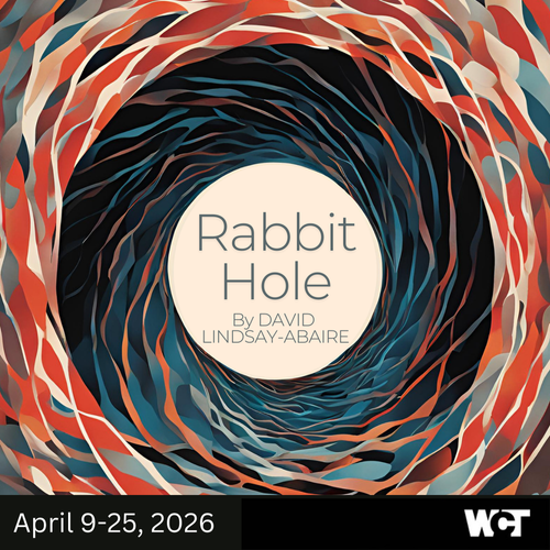 multi-colour image of a hole with text Rabbit Hole by David Lindsay-Abaire in the centre