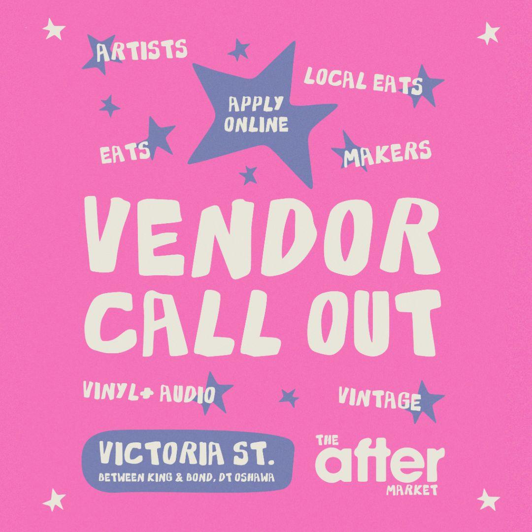 pink background with white text calling for vendors at The Aftermarket in Oshawa.