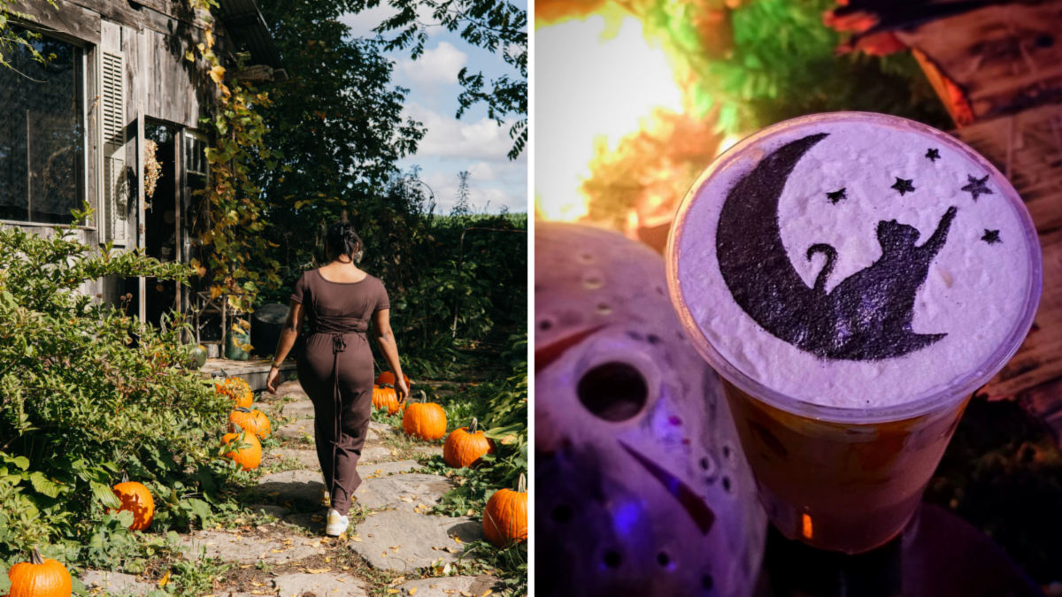 split image. left shows a woman walking a sidewalk lined with pumpkins. right shows a drink with a cat sitting on the moon design