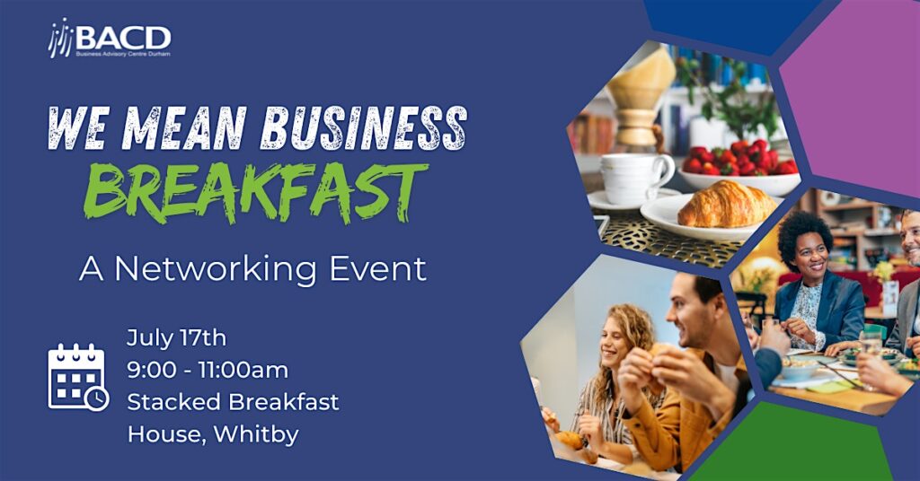 Left side of image has event details text, while a honeycomb of three images on right showing a breakfast, people sitting around a table and a couple eating together 