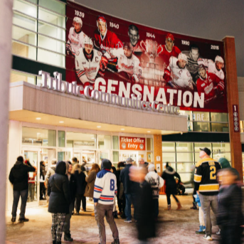 Fans outside Tribute Communities Centre where Oshawa plays