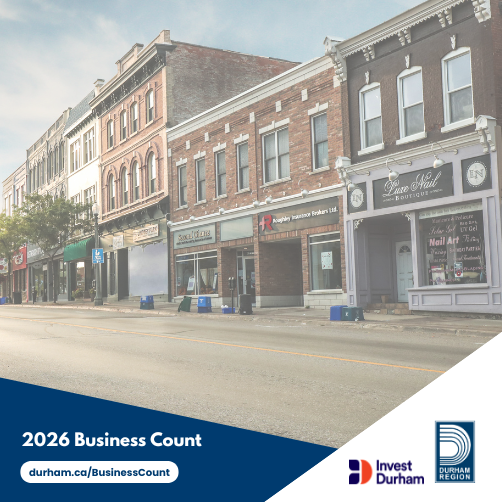 image of a rural downtown street, text bottom left: 2026 Business Count, durham.ca/BusinessCount and logos of Invest Durham and Region of Durham at bottom right