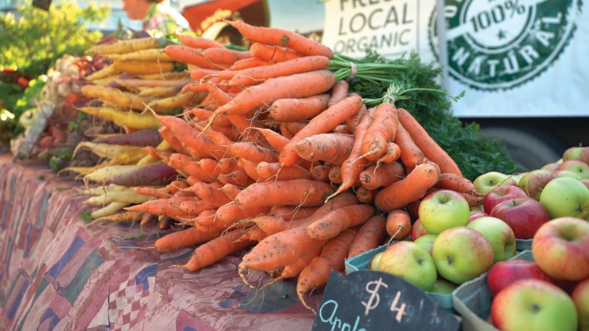 freshly picked vegetables laid out on a table at a farmers' market