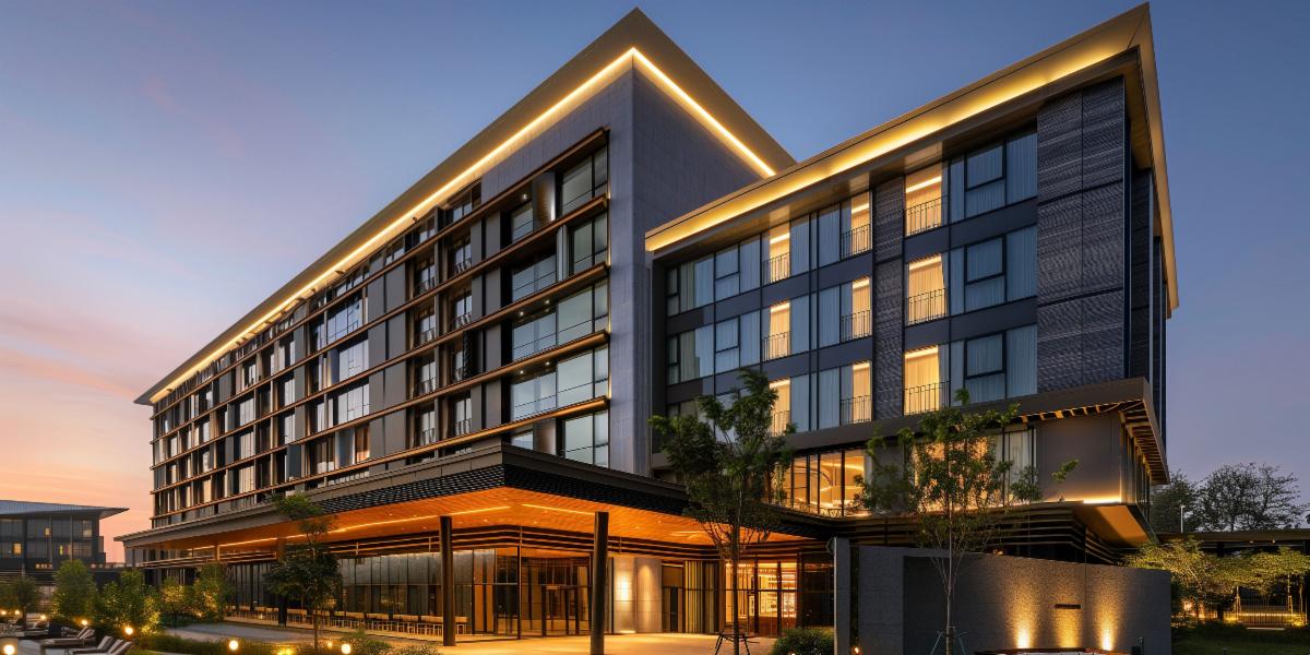 Hotel exterior at dusk