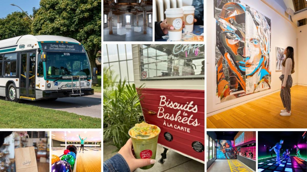 photo collage of a DRT bus, shopping bag, bowling alley, coffee, art gallery and indoor playgrounds