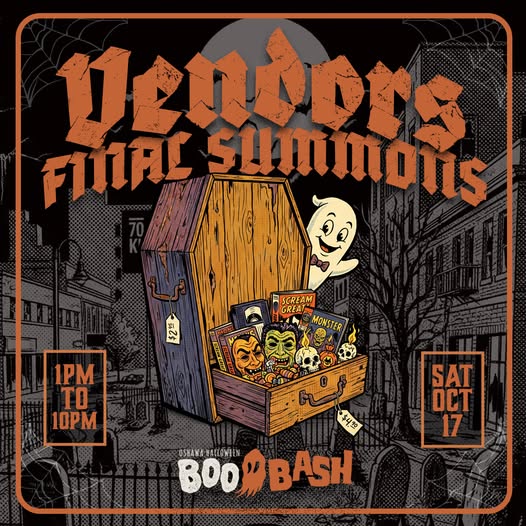 wooden coffin with an open drawer of candy and a smiling ghost. orange text: Vendors final summons 1 to 10 p.m., Boo Bash, Saturday October 17