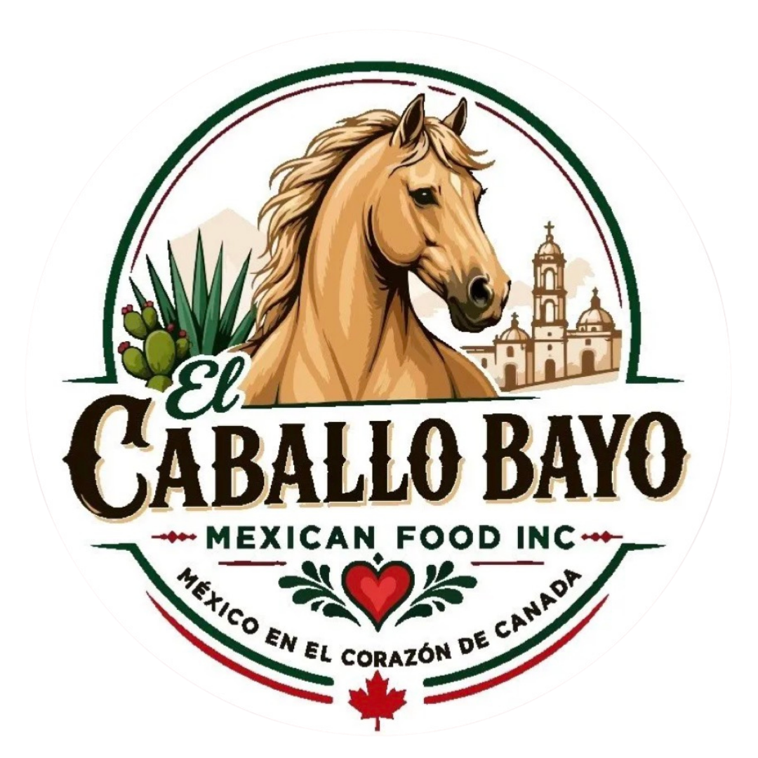 restaurant logo with a horse and text el Caballo Bayo Mexican Food Inc.