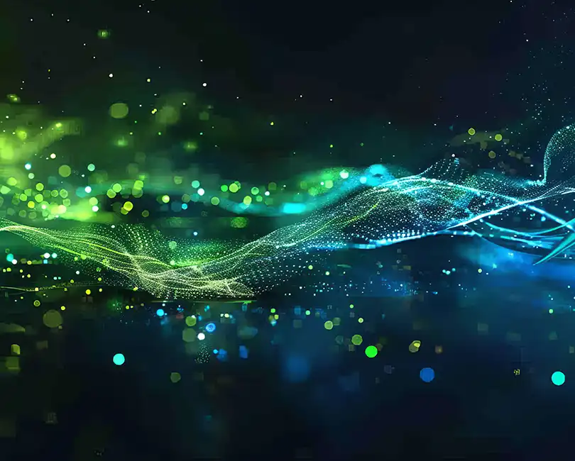 Abstract digital data flow representing AEC post-acquisition integration and business transformation from chaos to accelerated growth.